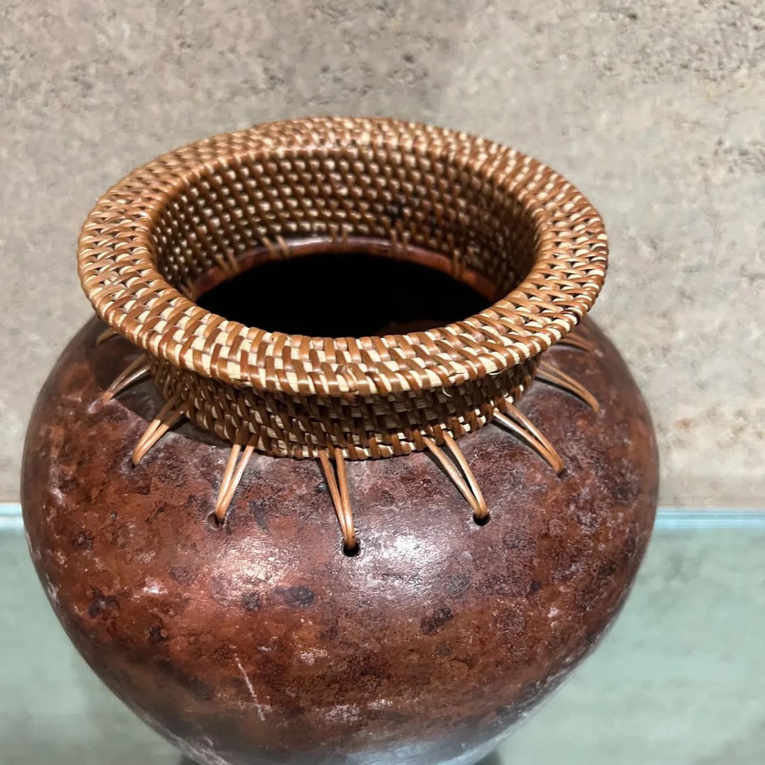 Modern Art Pottery Two Vases Woven Cane - 5