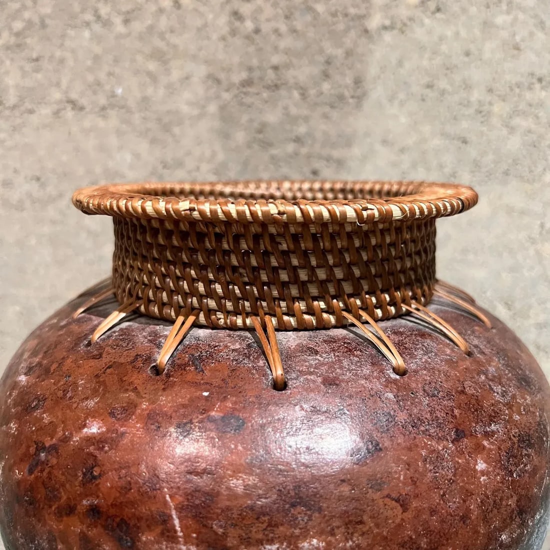 Modern Art Pottery Two Vases Woven Cane - 6