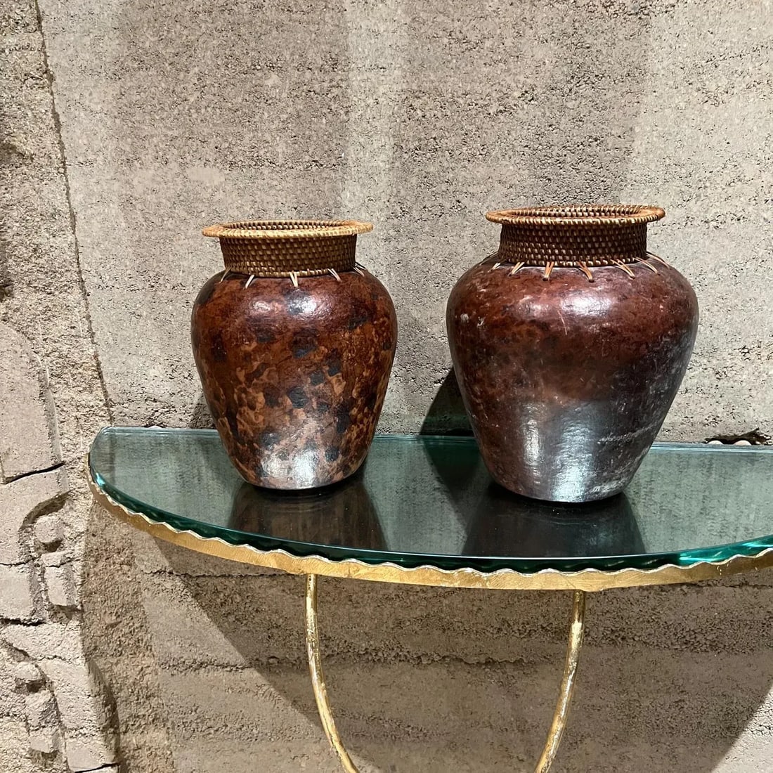Modern Art Pottery Two Vases Woven Cane - 7