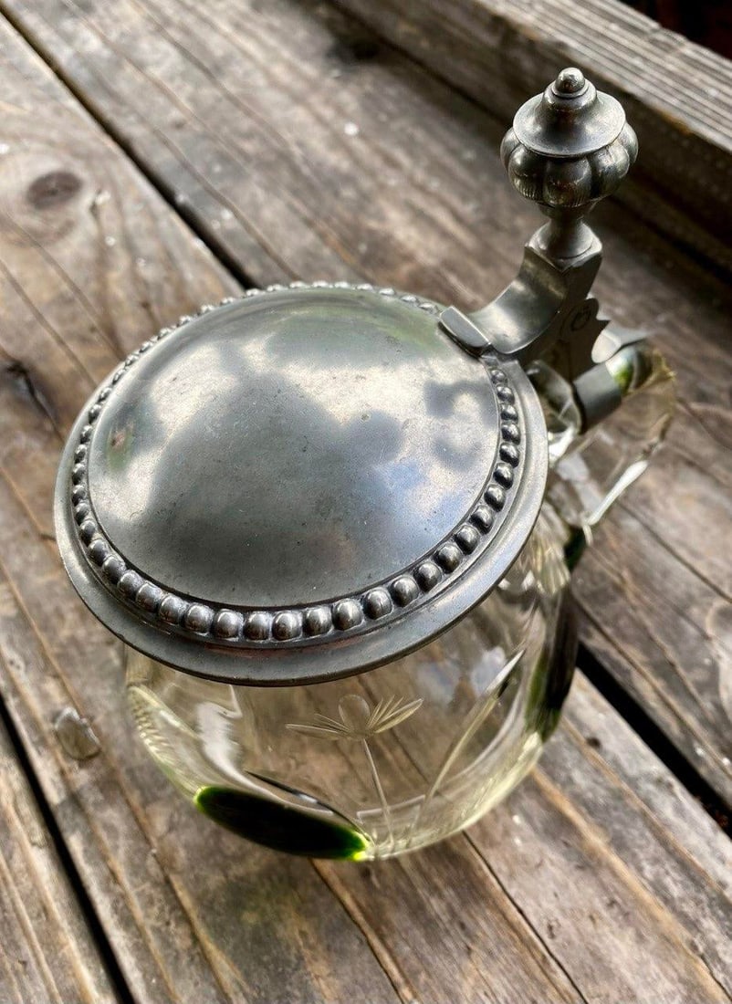 Antique German Jugendstil Glass Beer Stein With Green Applied Glass & Pewter Lid, Circa 1900 - 11