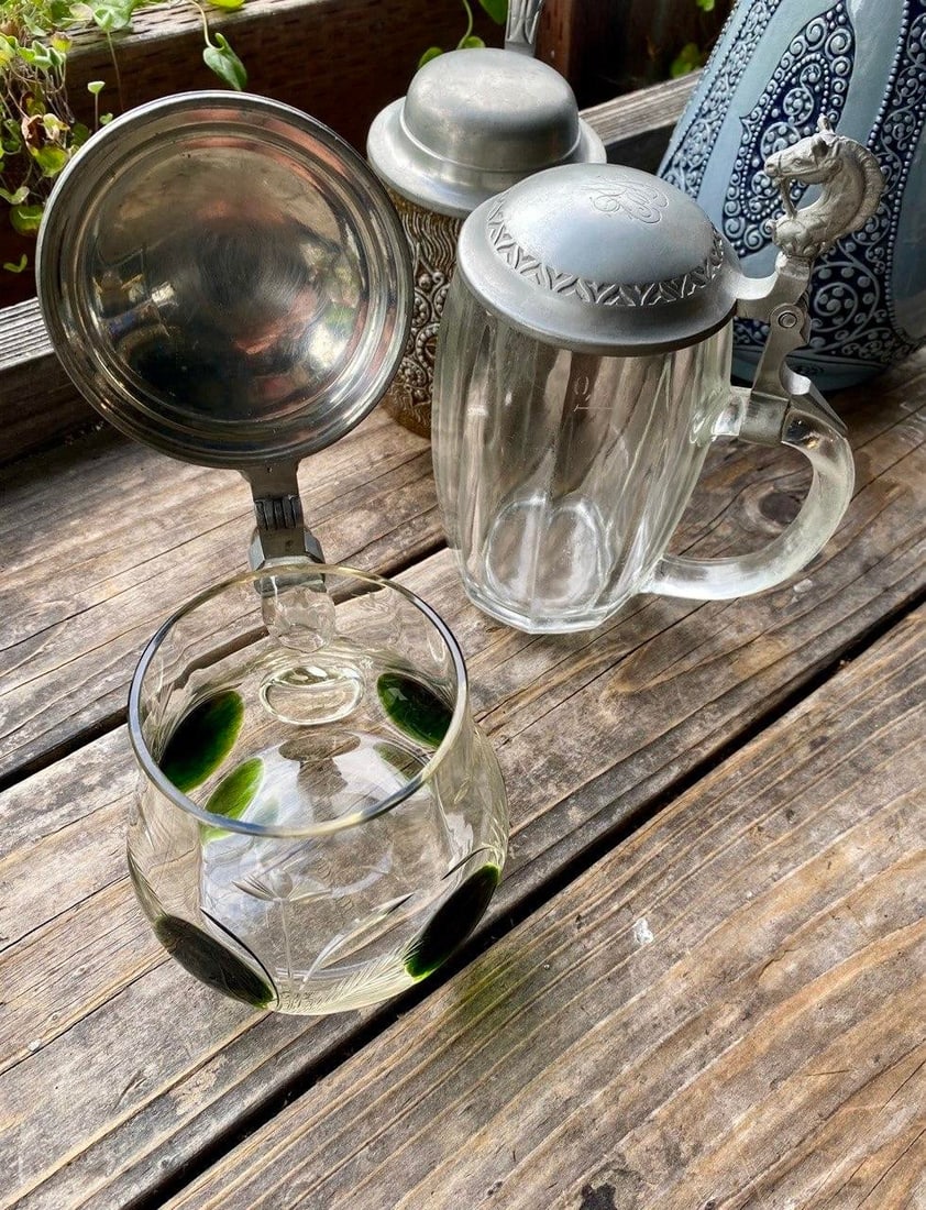 Antique German Jugendstil Glass Beer Stein With Green Applied Glass & Pewter Lid, Circa 1900 - 13