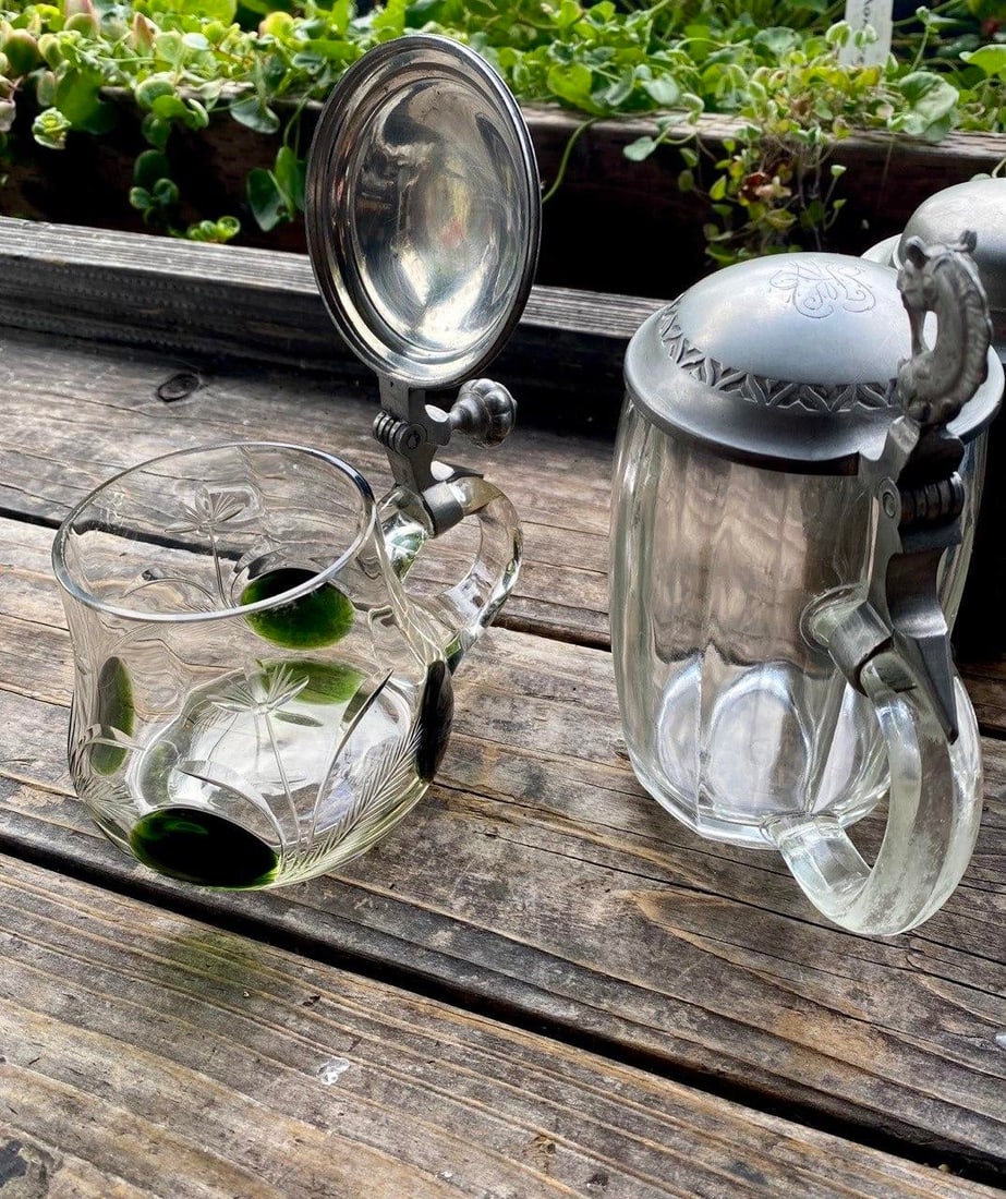 Antique German Jugendstil Glass Beer Stein With Green Applied Glass & Pewter Lid, Circa 1900 - 14