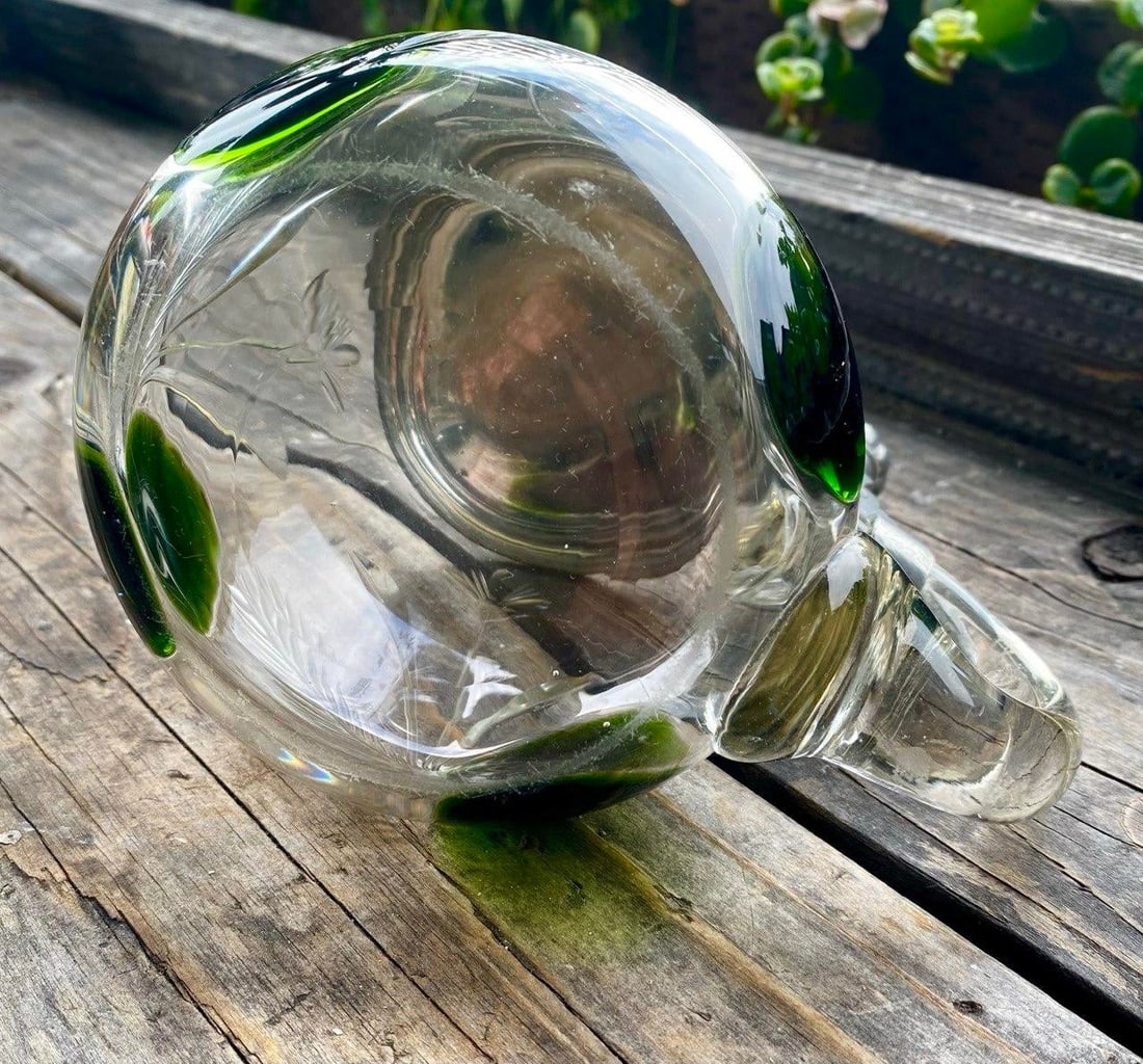 Antique German Jugendstil Glass Beer Stein With Green Applied Glass & Pewter Lid, Circa 1900 - 15