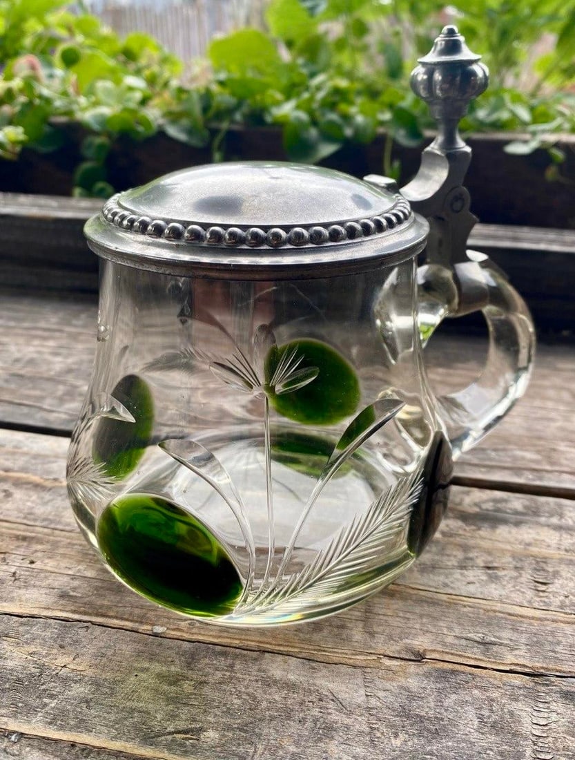 Antique German Jugendstil Glass Beer Stein With Green Applied Glass & Pewter Lid, Circa 1900 - 2