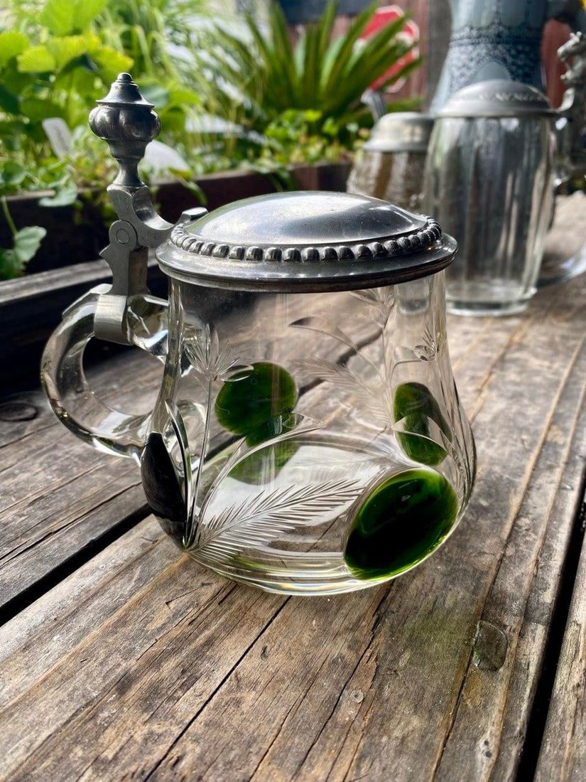 Antique German Jugendstil Glass Beer Stein With Green Applied Glass & Pewter Lid, Circa 1900 - 3