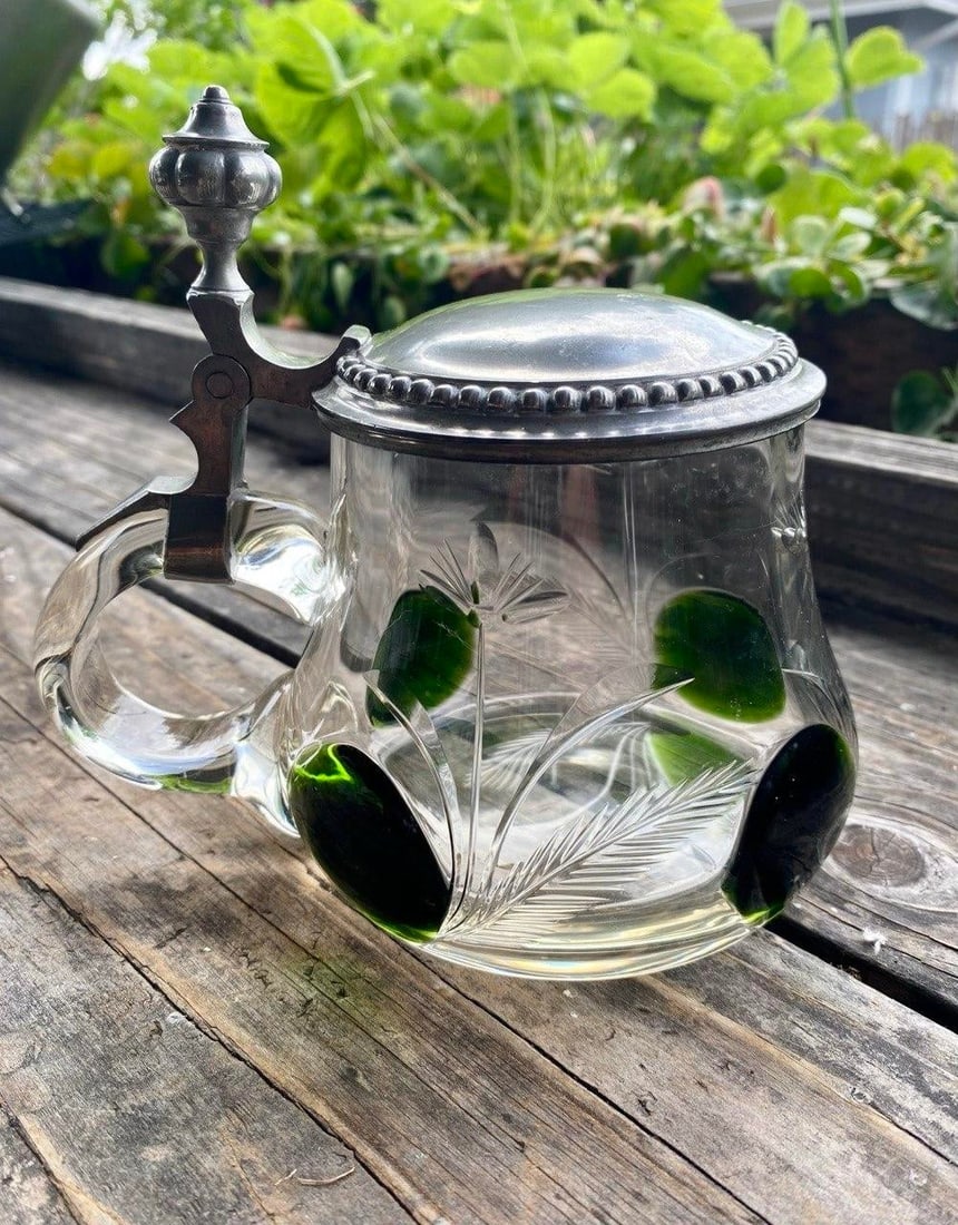 Antique German Jugendstil Glass Beer Stein With Green Applied Glass & Pewter Lid, Circa 1900 - 4