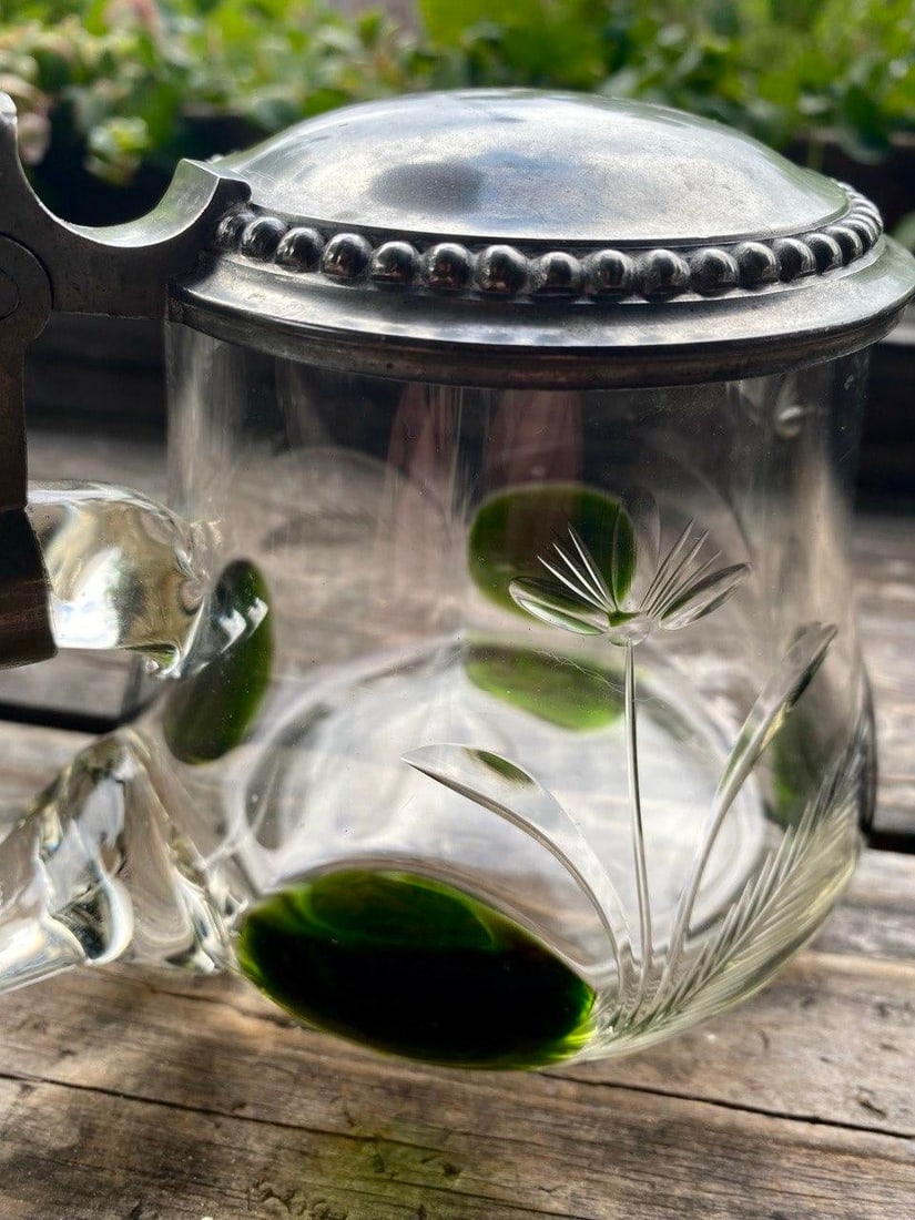 Antique German Jugendstil Glass Beer Stein With Green Applied Glass & Pewter Lid, Circa 1900 - 5