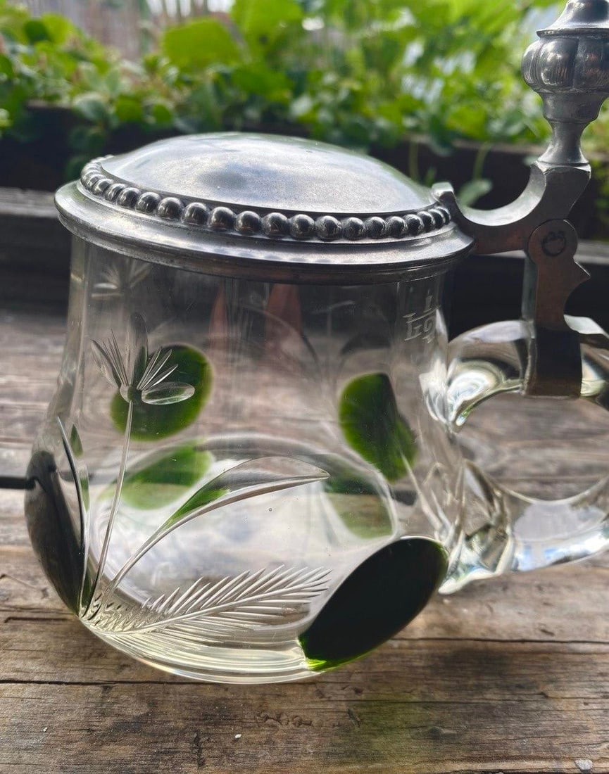 Antique German Jugendstil Glass Beer Stein With Green Applied Glass & Pewter Lid, Circa 1900 - 6