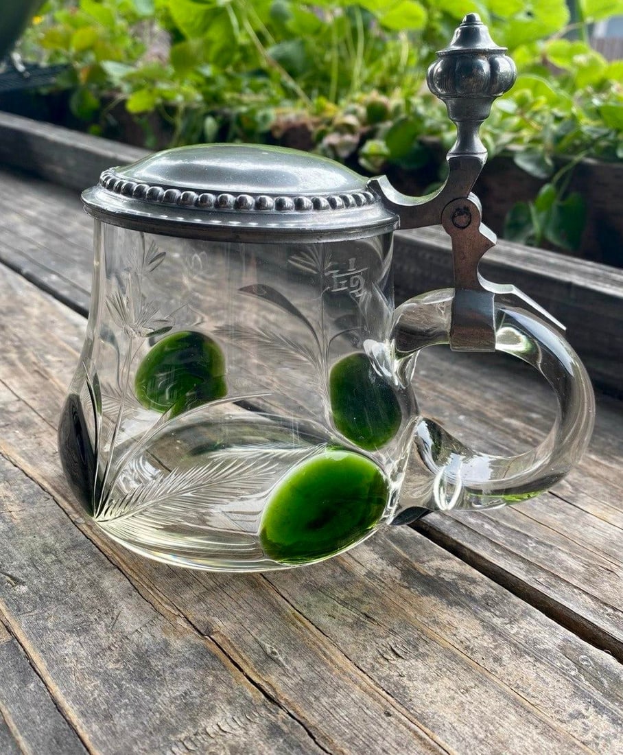 Antique German Jugendstil Glass Beer Stein With Green Applied Glass & Pewter Lid, Circa 1900 - 7