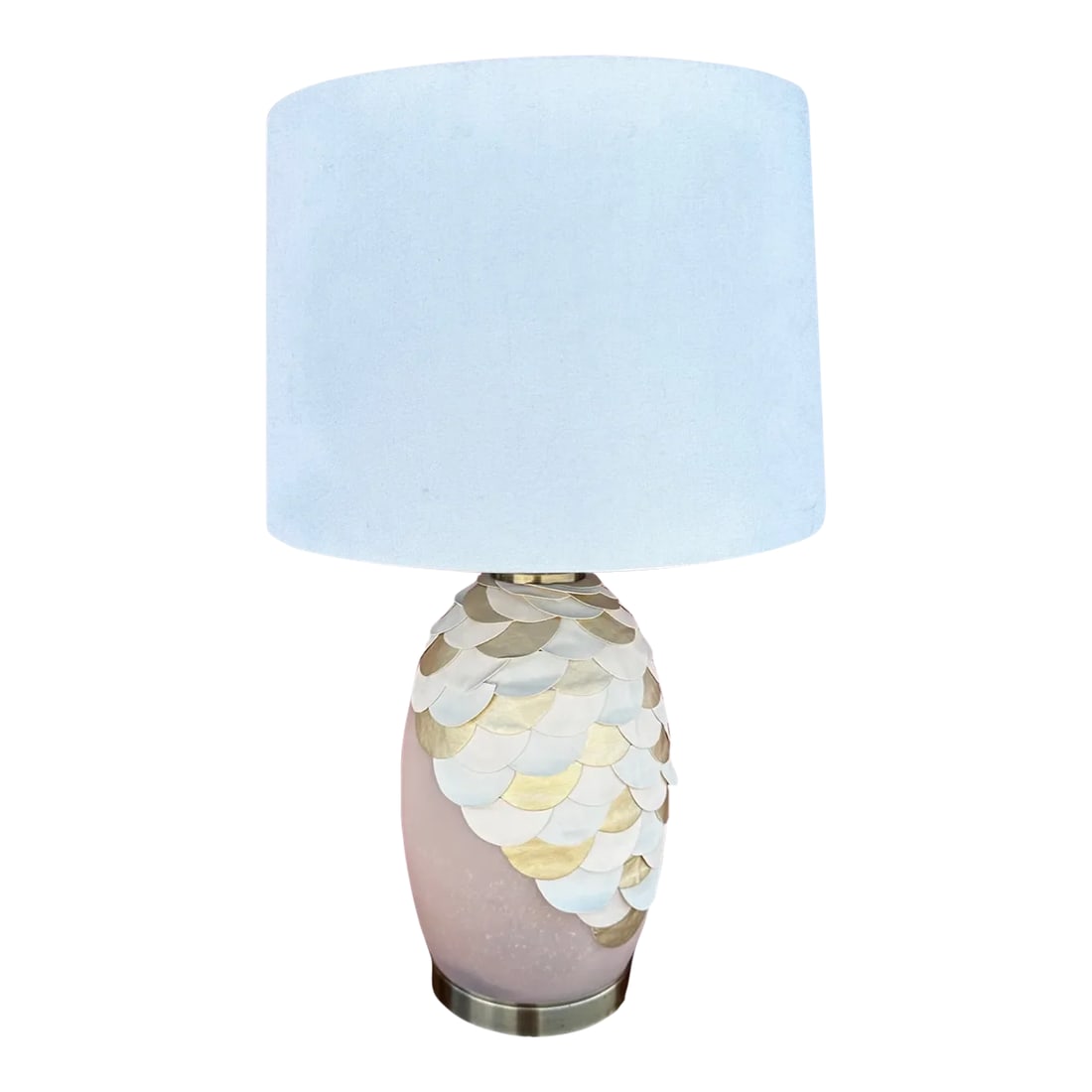 Vintage Peach W/Metallic Leather Table Lamp W/Shade: Vintage Coastal Leather Detail Scales Over a Glass Base and Chrome base. Perfect for a girls room, It has that coastal mermaid vibe. 20in h x 8in w 26in h to finial 10.5in h x 16in w shade Make sure