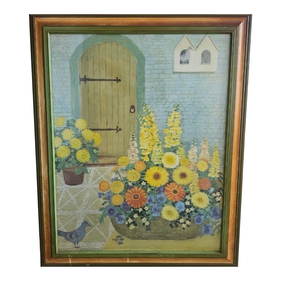 1970s Framed Lydia Kemeny Floral Print "In a Courtyard: A beautiful, large mid-century framed offset lithograph titled "In a Courtyard" (1973) by famed British floral still-life artist Lydia Kemeny. Known for her incredibly lush, vibrant architectural