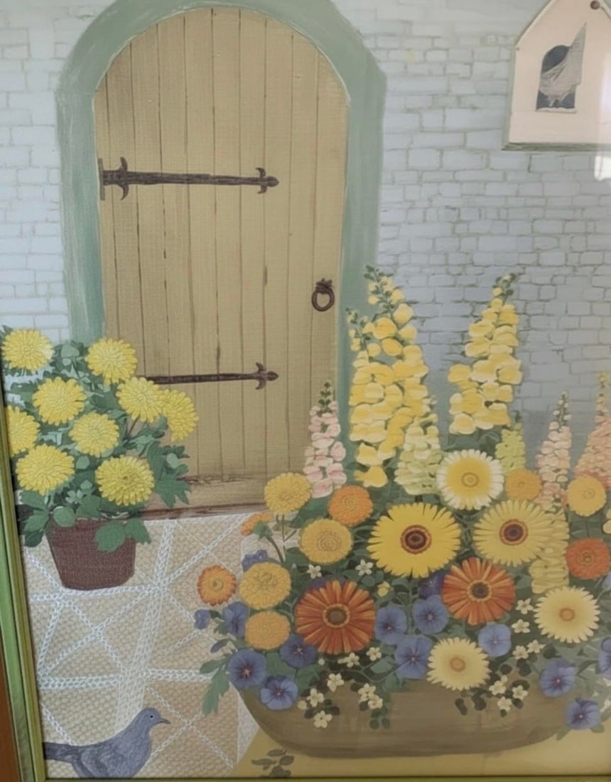1970s Framed Lydia Kemeny Floral Print "In a Courtyard - 2