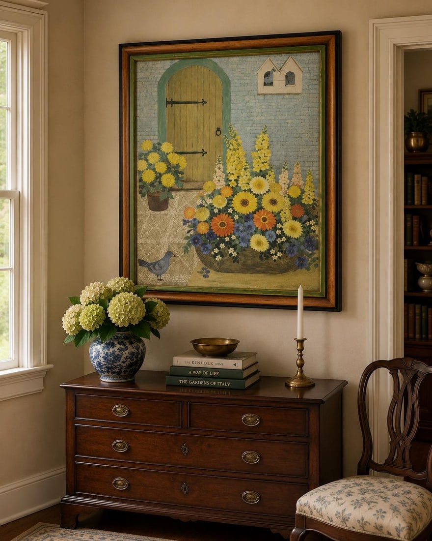 1970s Framed Lydia Kemeny Floral Print "In a Courtyard - 4