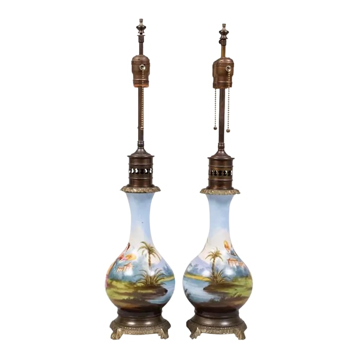 A Pair of Chinese Chinoiserie Oil Lamps Mounted as Table Lamps 19th Century: A very nice bright and cheerful pair of lamps One crack that has been repaired recently rewired Condition: Alterations: Original Design Modified Imperfections: Needs Restoration Condition Notes: One