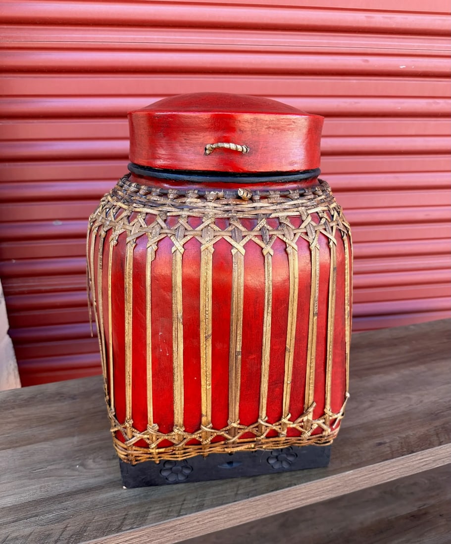 Antique Asian/Thai Red Rice Basket W/Lid - 4