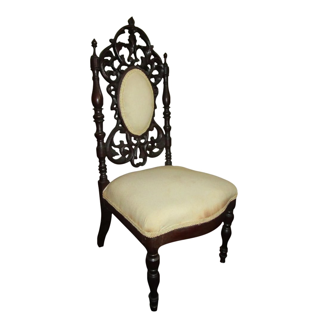 19th c. American Mahogany Rococo Revival Child's Chair with Tracery Back: It is very unusual to find such a fine example of American Rococo Revival tracery carving in a child's chair, but this little gem fills the bill. In need of new upholstery, it retains its original