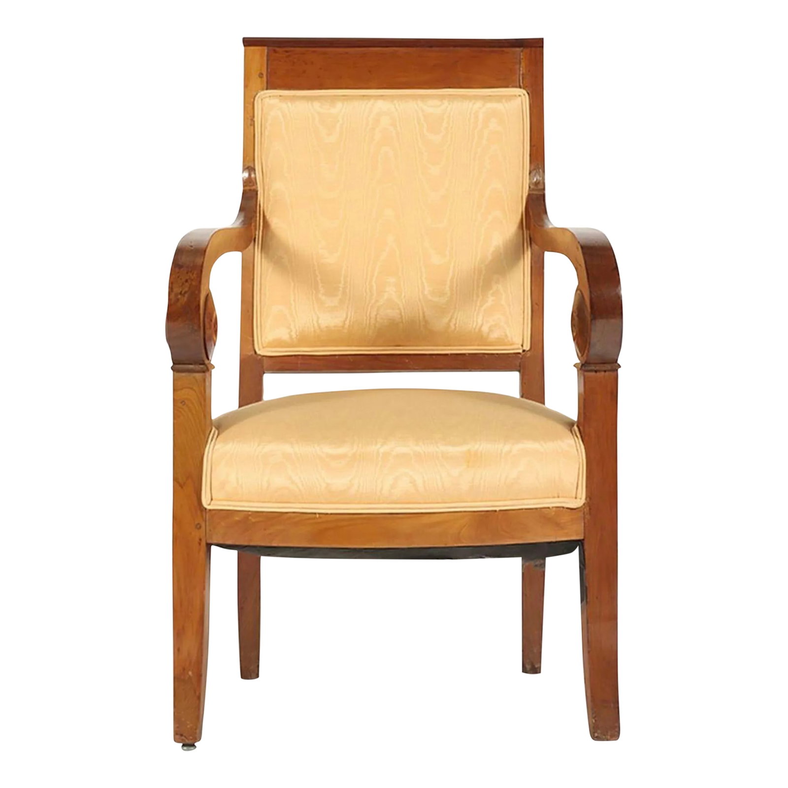 Early 19th Century French Empire or Biedermeier Mahogany Scrollwork Armchair: A very nice addition to any room. Great for a library. Vibrant lemon moire upholstery. Great French empire mahogany chair Condition: Alterations: Original Condition Unaltered Imperfections: Some