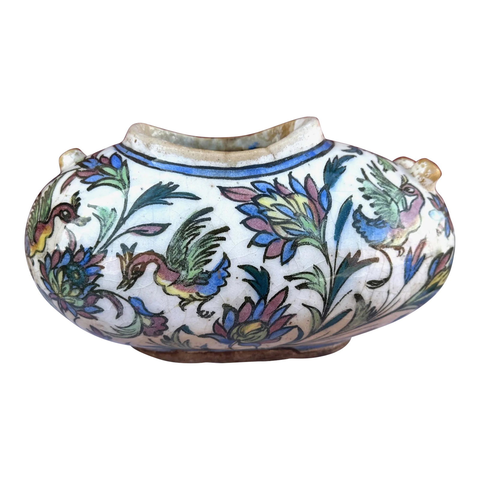 Antique Persian Qajar Vase/Jug: Beautiful Antique Persian Qajar Vase/Jug. Multi color with birds and flowers. Great display piece. I believe its mid 19c Purchase from a Estate Sale in Indian Wells that was a Hollywood Producer and