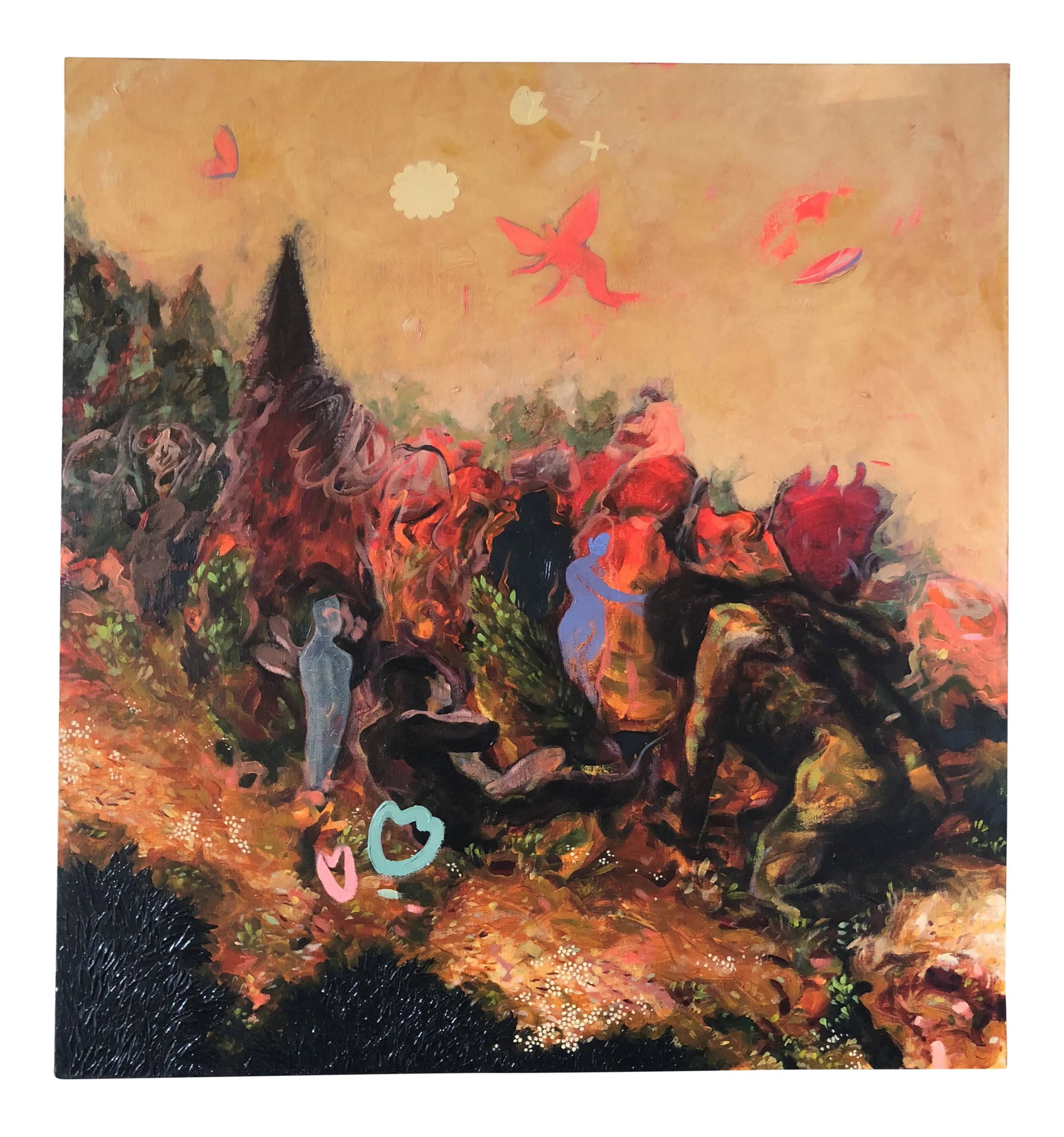 "The Garden" by Jeffrey Vincent, Contemporary Acrylic on Canvas: Vincent's colorful work is both abstract and figurative, as his process combines acrylic and collage on canvas. The composition is populated by some discernible figures mixed intermingling with