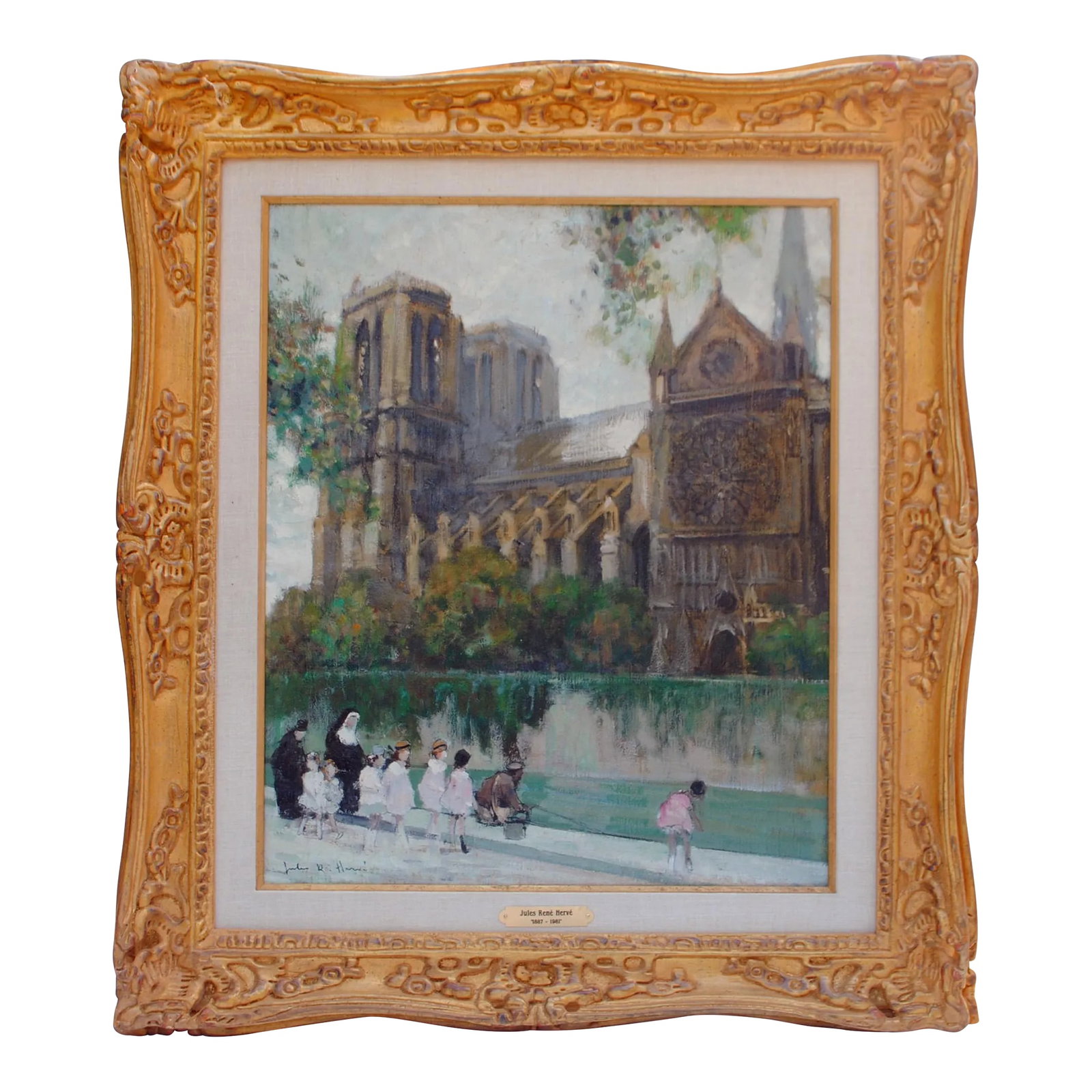 1950s Jules Rene Herve "Notre Dame De Paris" Original Oil Painting: Jules Rene Herve (1887-1981) Born in France. Herve has always sought to master the technical secrets of art and painted with a marvelous harmony of color and light. As depicted here, as in several of