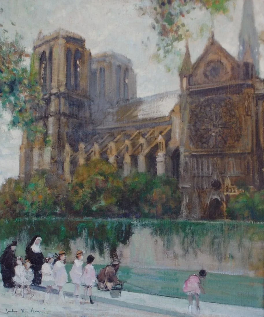1950s Jules Rene Herve "Notre Dame De Paris" Original Oil Painting - 2
