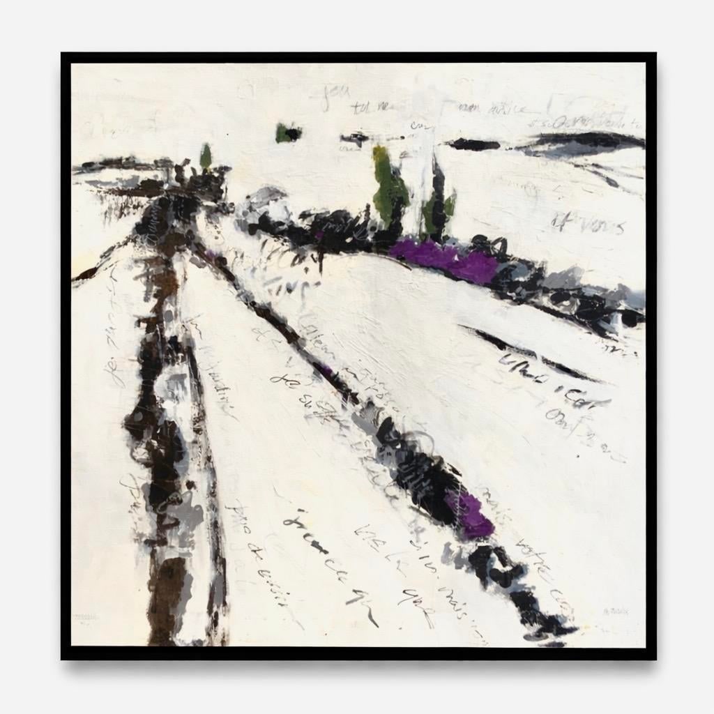 Landscape Abstract Painting "Poems to Provence" Abstract Painting in Black and Greys by Michele Zuza: The black and white color palette is used to great effect in this modern abstract painting titled Provence. In this painting there are deep blacks and vivid whites while using shades of grey to create