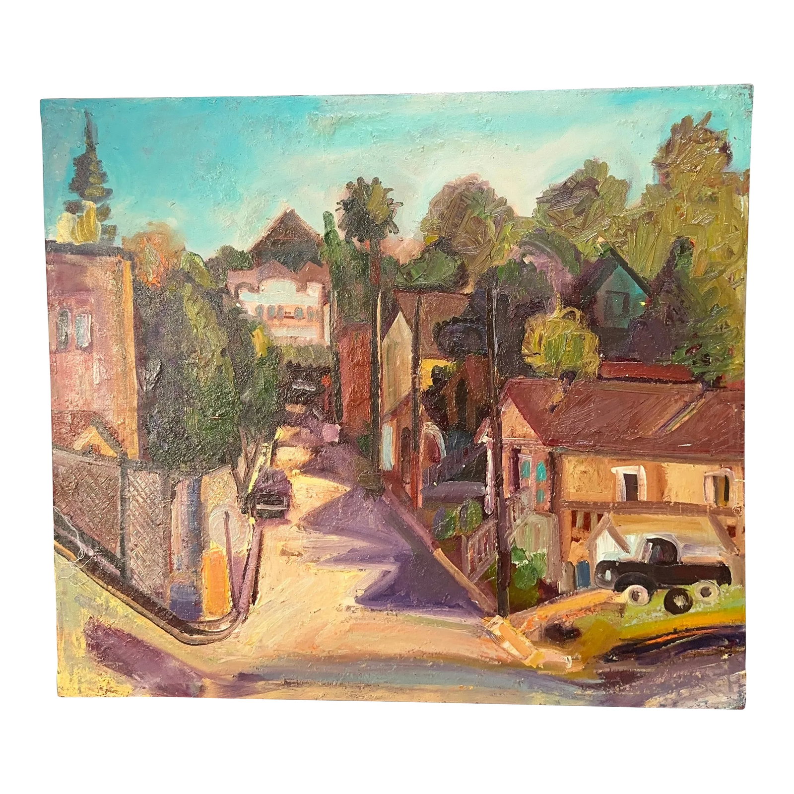 "Crockett Street" Original California Landscape Painting by James Hartman: This was painted in Crockett when I was meeting with Terry St John. The town provides a lot of flavor and we painted there frequently over the years. Condition: Imperfections: No Imperfections