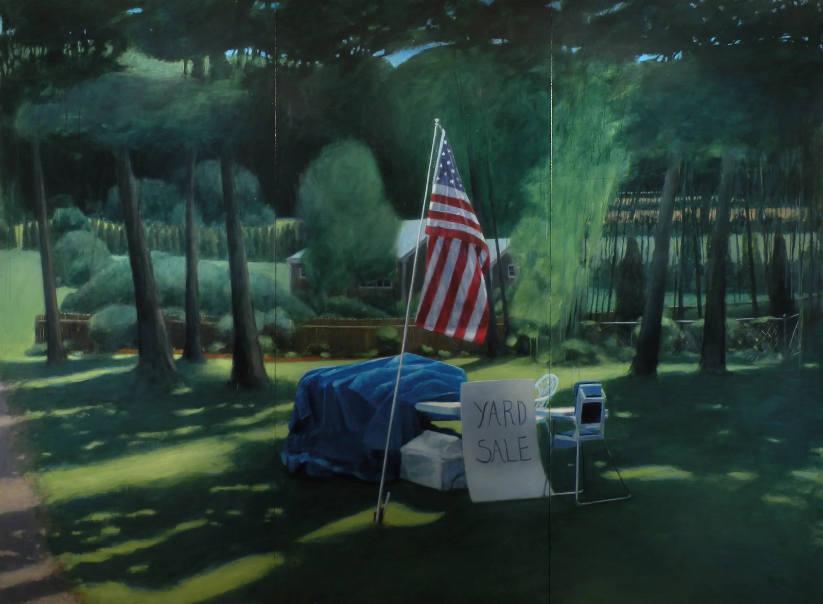Large Contemporary Painting, Yard Sale on the 4th of July, by Stephen Remick: Driving by a yard sale early in the morning on the Fourth of July. The owner isn't out yet. The sun filtering through the thick summer foliage hasn't had the chance to evaporate the morning dew. An