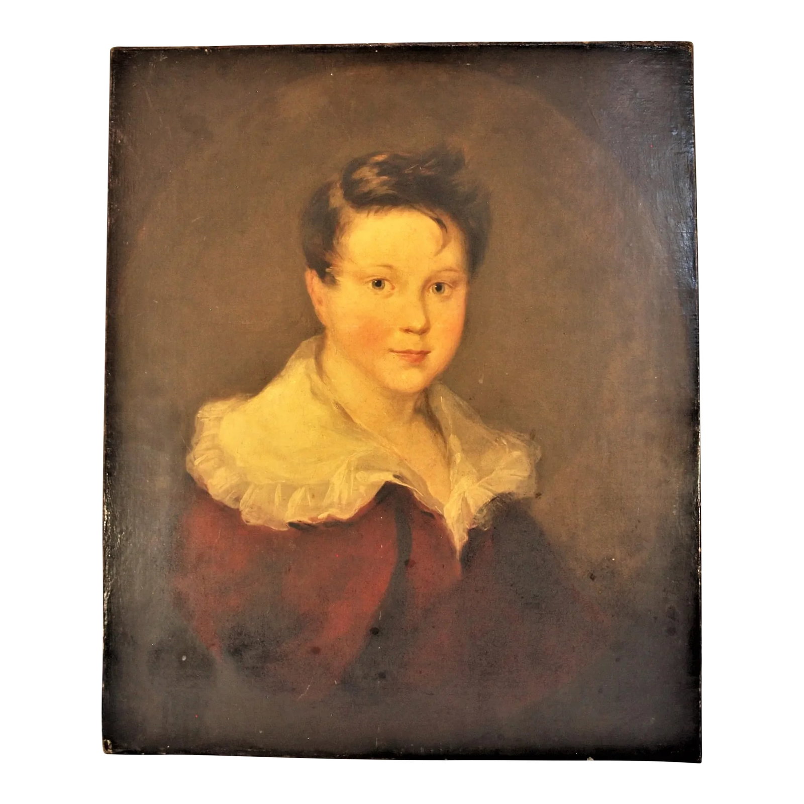 Antique English Oil Painting of a Young Boy 1880: An antique English oil painting of a young boy. Painting is oil on canvas and without a frame. Very soft and pleasant colors. Measures 24" x 20" and 1/2" thick. Shop tag on lower back from M.