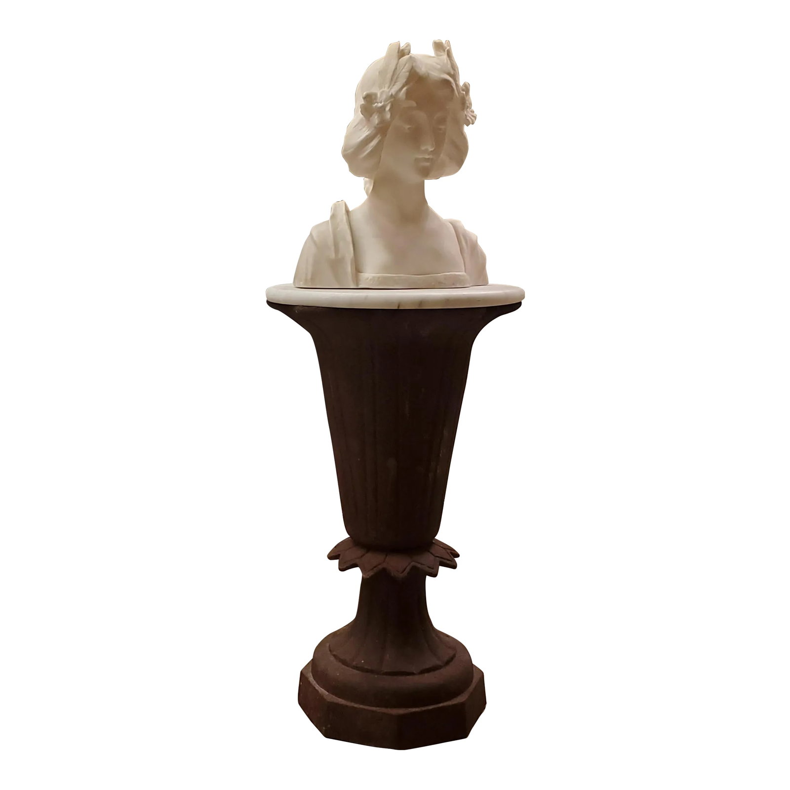 Early 20th Century M. Marini Italian Marble Bust of a Young Woman: M. Marini an extremely rare Italian White Marble Bust of a Young Woman, circa 1920. The white marble bust of a young woman on a round marble top rests on an antique cast iron trumpet vase base is