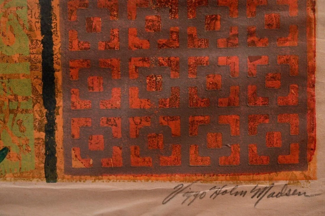 Mid 20th Century Viggo Holm Madsen Original Abstract Signed Multi-Media Woodcut Etching - 9