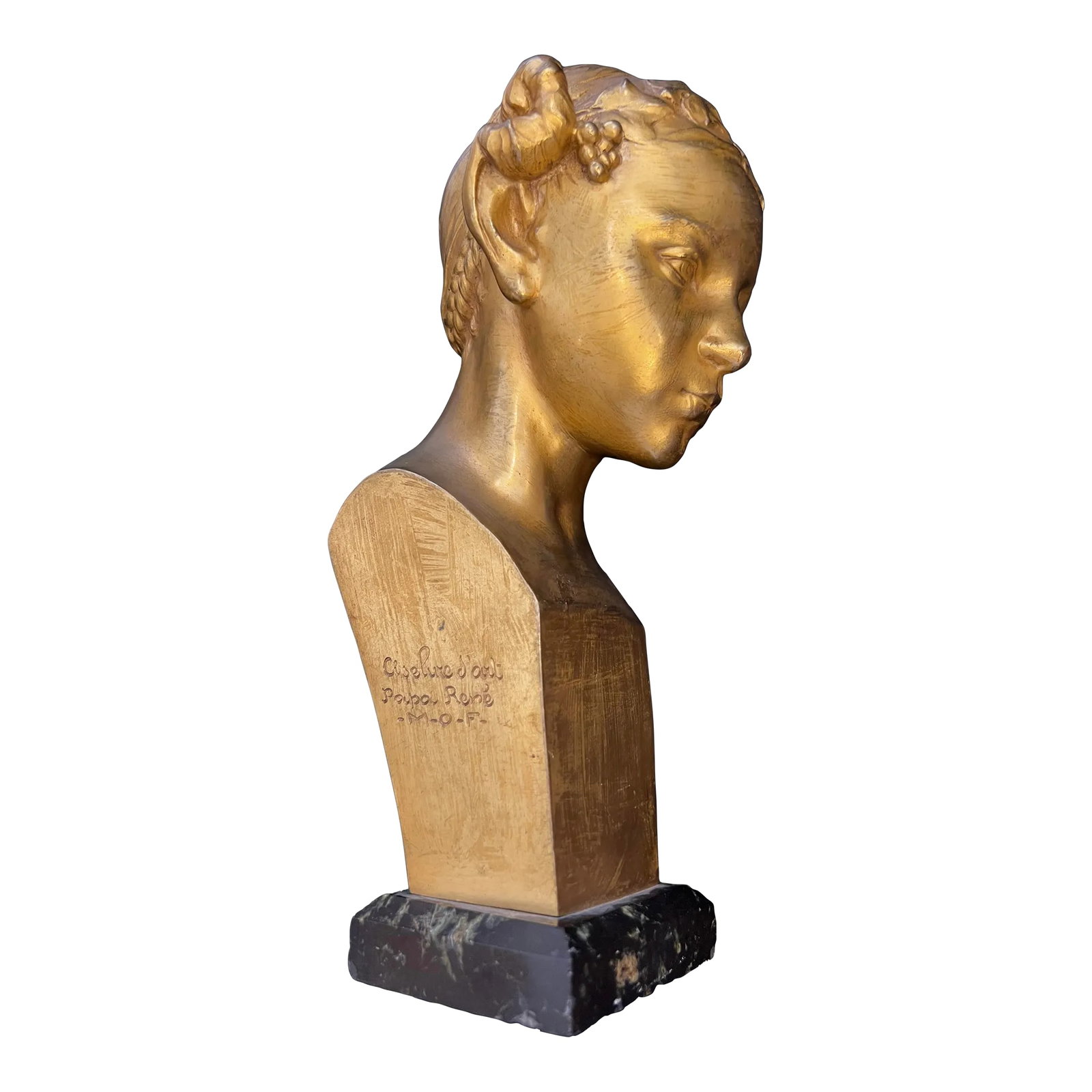 Art Nouveau French Bronze Bust of a Faun Signed Eugene Piron 1890: Eugene Desire Piron (1875-1928), a bronze bust of a young faun, gold and silver finished, signed in the maquette, inscribed Ciselure d'Art/Rene Papa/M.O.F., Susse Fres. Edtrs. Paris with the foundry s