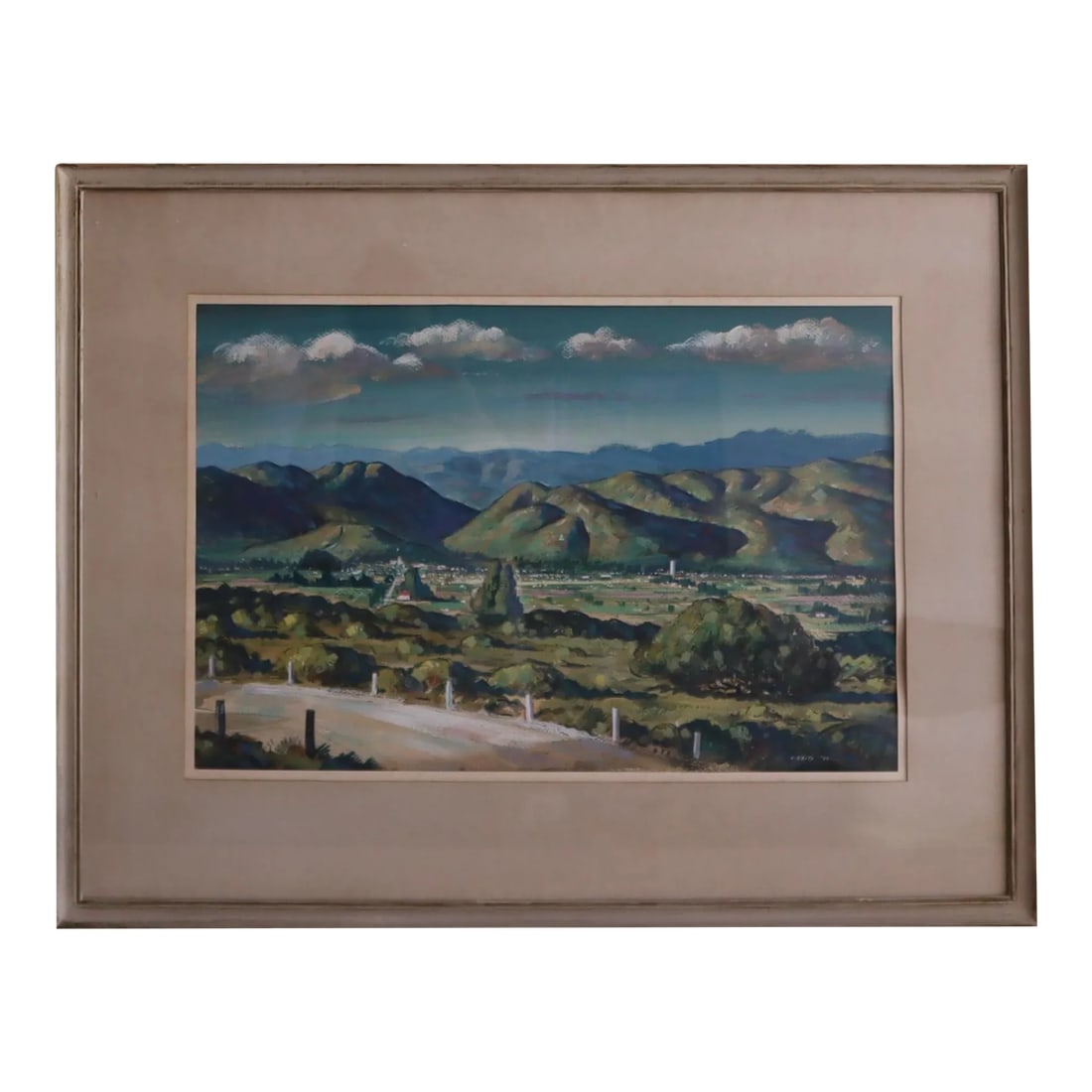 1940s Forrest Hibbits California Landscape Painting: Colorful Lompoc County, California landscape painting by artist Forrest Tibbits. Attractive colors and details. Signed, and artist has written title on back or painting. Matted and framed - could