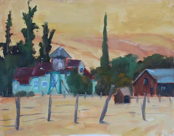 Golden Hills Plein Air Landscape Painting: Quiet Places & Journey - Black Diamond Ranch, the Old Farm Original oil painting by L. Haas, 14 x 11 in unframed primed masonite board, signed. Painted en plein air on location at Black Diamond Mines