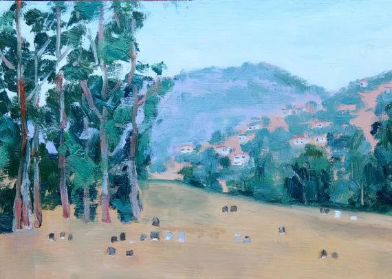 Contemporary Impressionist Plein Air Oil Painting: Quiet Places& Journeys - Mountain View Cemetery Original oil painting by L. Haas, 14 x 11 in unframed primed masonite board, signed. Painted en plein air (on location) at Mountain View Cemetery in
