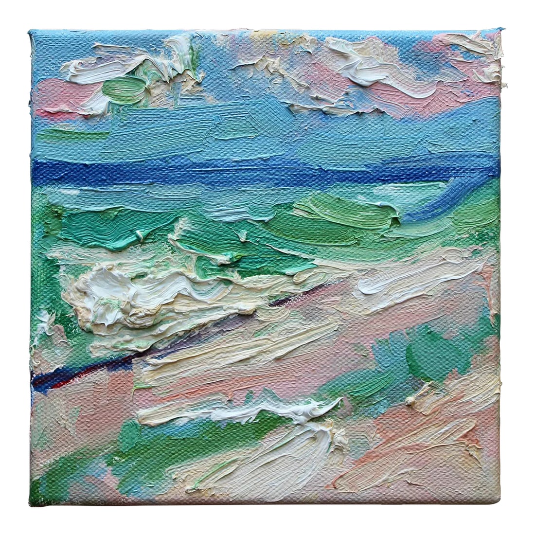 Abstract Beach Oil Painting on Gallery Canvas, Impasto: Quiet Places & Coastal - Beach View Original oil painting by Haas, 6 x 6 x 1.5 on gallery canvas, signed on side. A deeply personal and evocative "Beach View" capturing the serene shoreline of Maui,