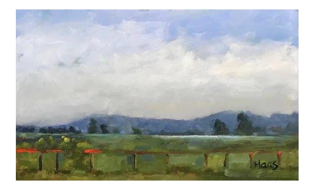 Contemporary Impressionist Landscape Oil Painting: Quiet Places & Journeys - After the Rain, Rush Ranch Original oil painting by Haas, 16 x 9.75 unframed prepared masonite, signed. A serene plein air landscape painted on location at the historic Rush