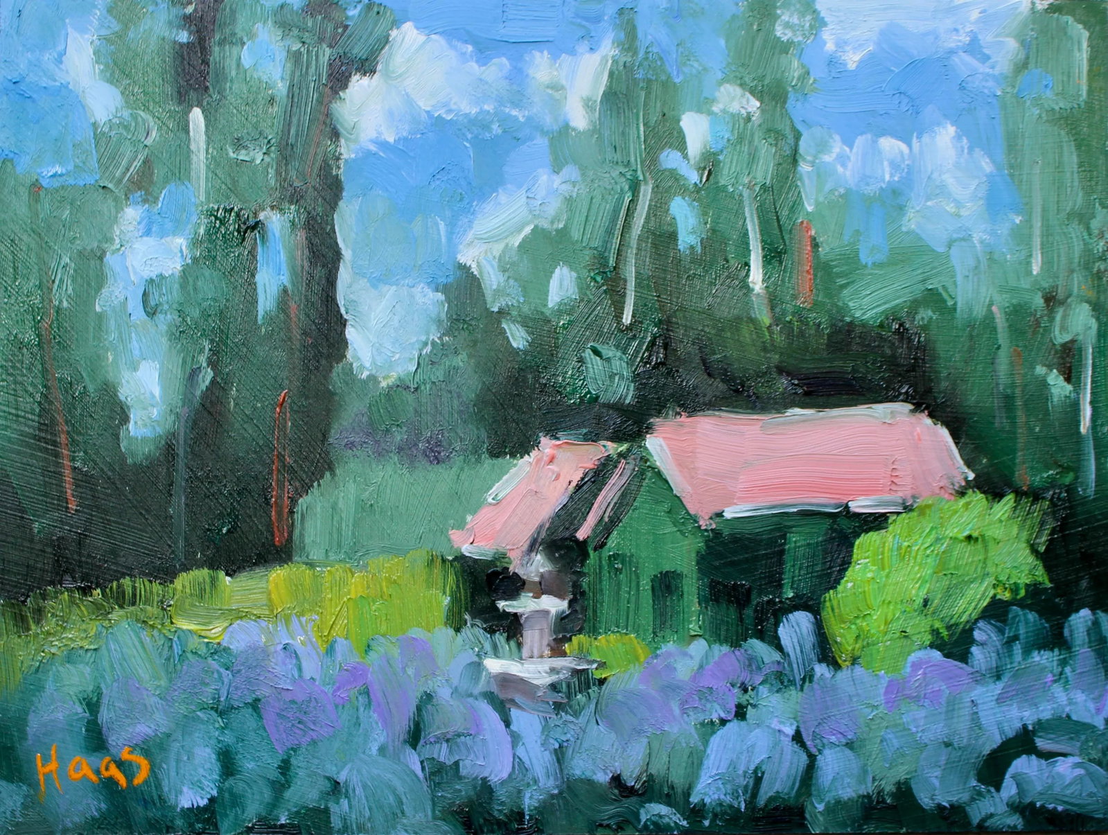 Desertscapes - Lavender Farm Modern Impressionist Oil Painting Landscape: Quiet Places & Desertscapes - Lavender Farm Original oil painting by Lisa Haas, 12 x 9 unframed on masonite, signed. "Lavender Farm" is an original oil painting that invites the viewer into a world of