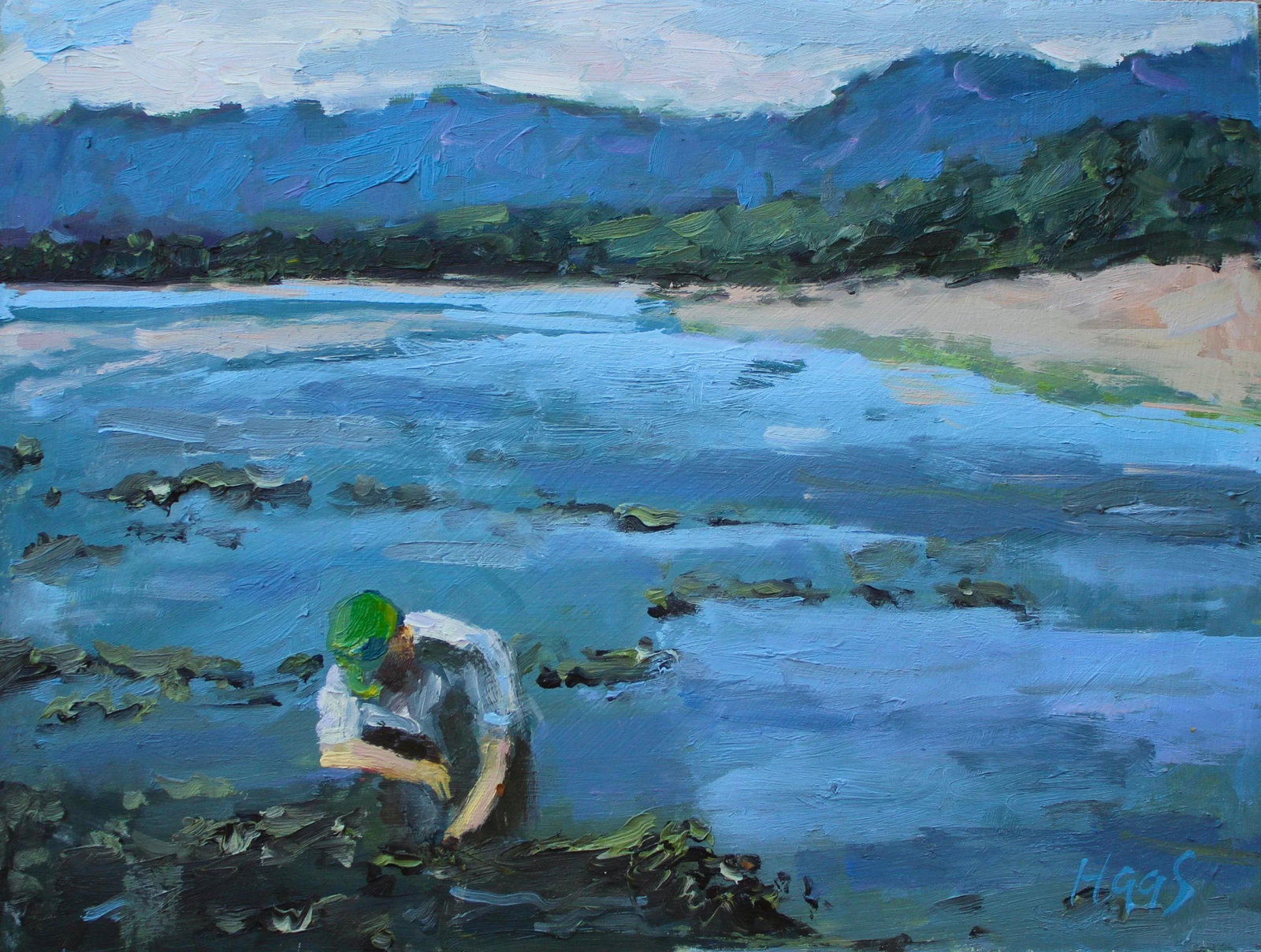 Clam Digger, Dillon Beach, Contemporary Original Oil Painting: Coastal Life - Clam Digger, Dillon Beach Original oil painting by Lisa Haas, 12 x 9 unframed on masonite panel, signed. Capturing the rugged, atmospheric charm of the Northern California coast, "Clam