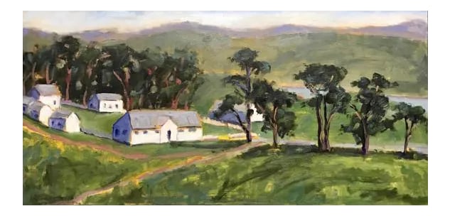 Pierce Point Ranch, Modern Plein Air Landscape Oil Painting: Quiet Places & Journeys, Pierce Point Ranch - Plein Air Coastal Landscape Original oil painting by Lisa Haas, 24 x 12 unframed on panel, signed. This evocative piece was painted en plein air along the