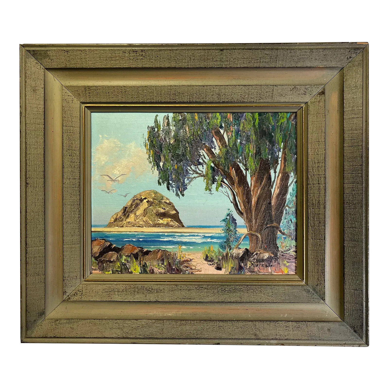 Mid-Century Thomas Fisk Goff Plein Air Seascape Oil Painting: Original Mid-Century Thomas Fisk Goff (1890-1984) Plein Air Seascape Oil Painting Title: THE VIEW FROM OLIVE STREET Aprox. dimensions: Painting: 10" x 8" Frame: 15" x 13" Very good original