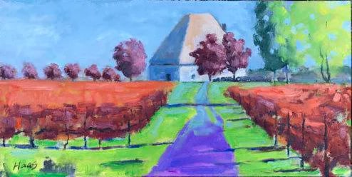 Coastal Vineyards Landscape Oil Painting Fall Colors: Quiet Places & Coastal - Karmir Vineyards Original oil painting by L. Haas, 24 x 12 in unframed masonite panel, signed. An impressionist landscape painted en plein air at Karmir Vineyards in Amador Co