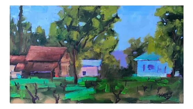 Contemporary Impressionist Oil Painting Landscape: Quiet Places & Coastal - Lovall Valley Road Original oil painting by L. Haas, 16 x 9 in unframed primed masonite board, signed. Painted en plein air on location at Lovall Valley Road in Sonoma,