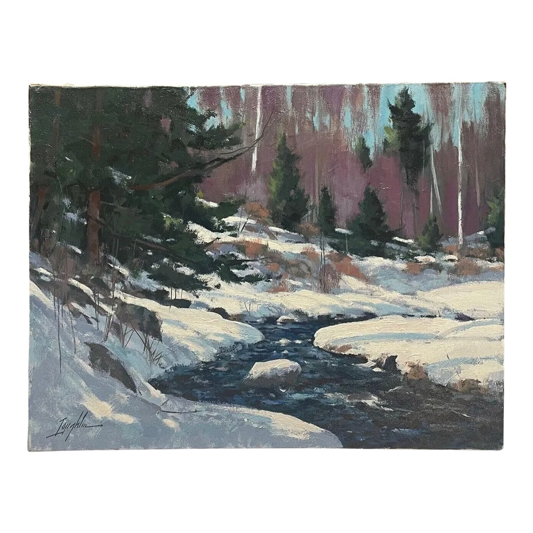 Original John Loughlin 'new England Winter Stream Forest Landscape Oil Painting (1 of 10)