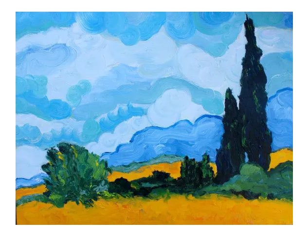 Cypress Trees (After Van Gogh) Oil on Canvas: Modern Narratives - Cypress Trees (After Van Gogh) Original oil painting by L. Haas, 18 x 14 in unframed canvas, signed. Inspired by the artist's admiration for Vincent van Gogh, this piece uses a