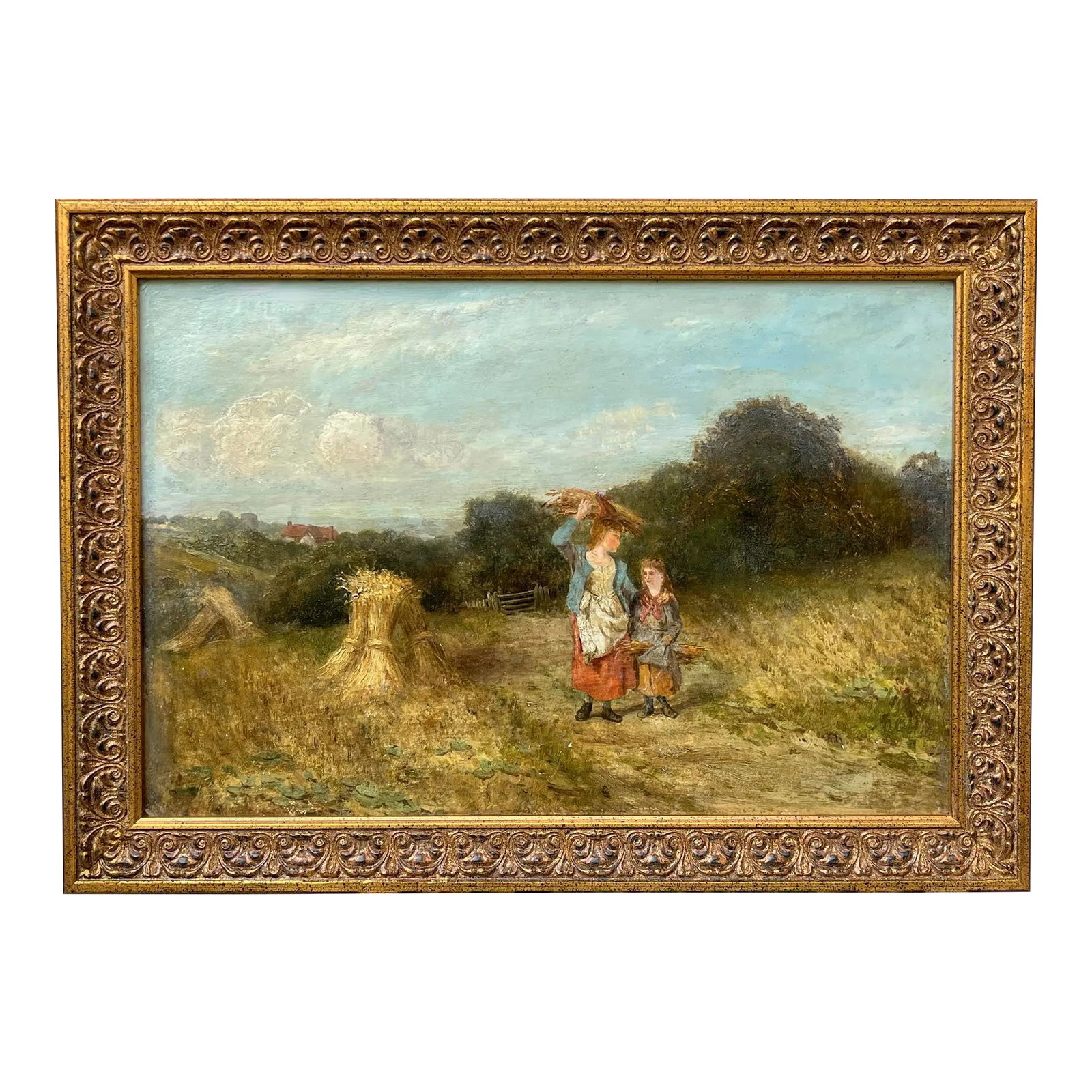 Antique English Oil Painting of Girls Gathering Hay Circa 1900: An original antique English oil painting of Two Girls Gathering Hay school of John Constable circa 1900. Unsigned oil on heavy carton board presented in a contemporary gallery frame. Visible painting