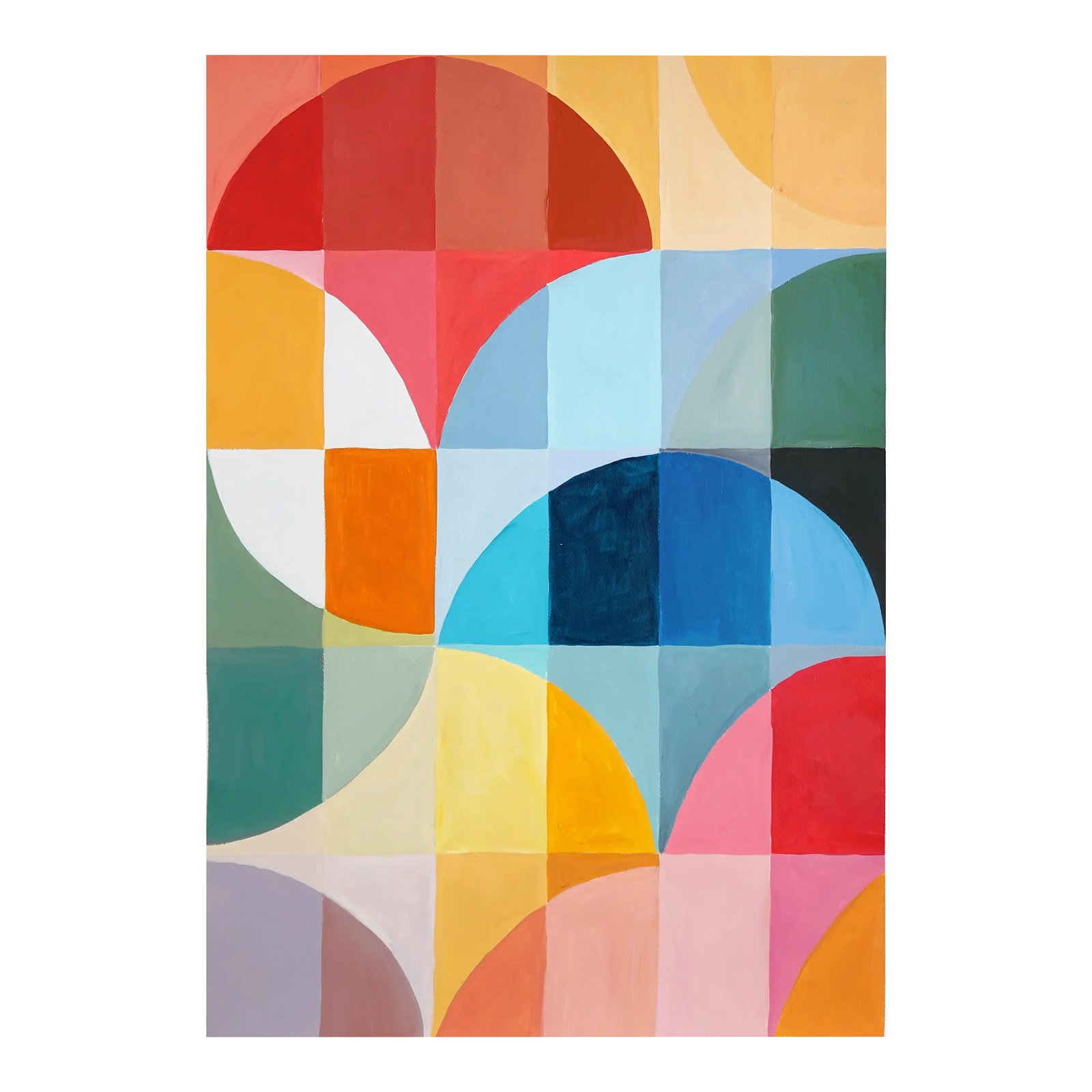 2023, Abstract Geometric Bauhaus Pattern of "Summer Tulips", Acrylic on Watercolor Paper by Natalia: This abstract geometric acrylic painting is a vibrant and playful composition that draws inspiration from vintage Italian parasols. With a focus on bold, bright colors and clean lines, the painting