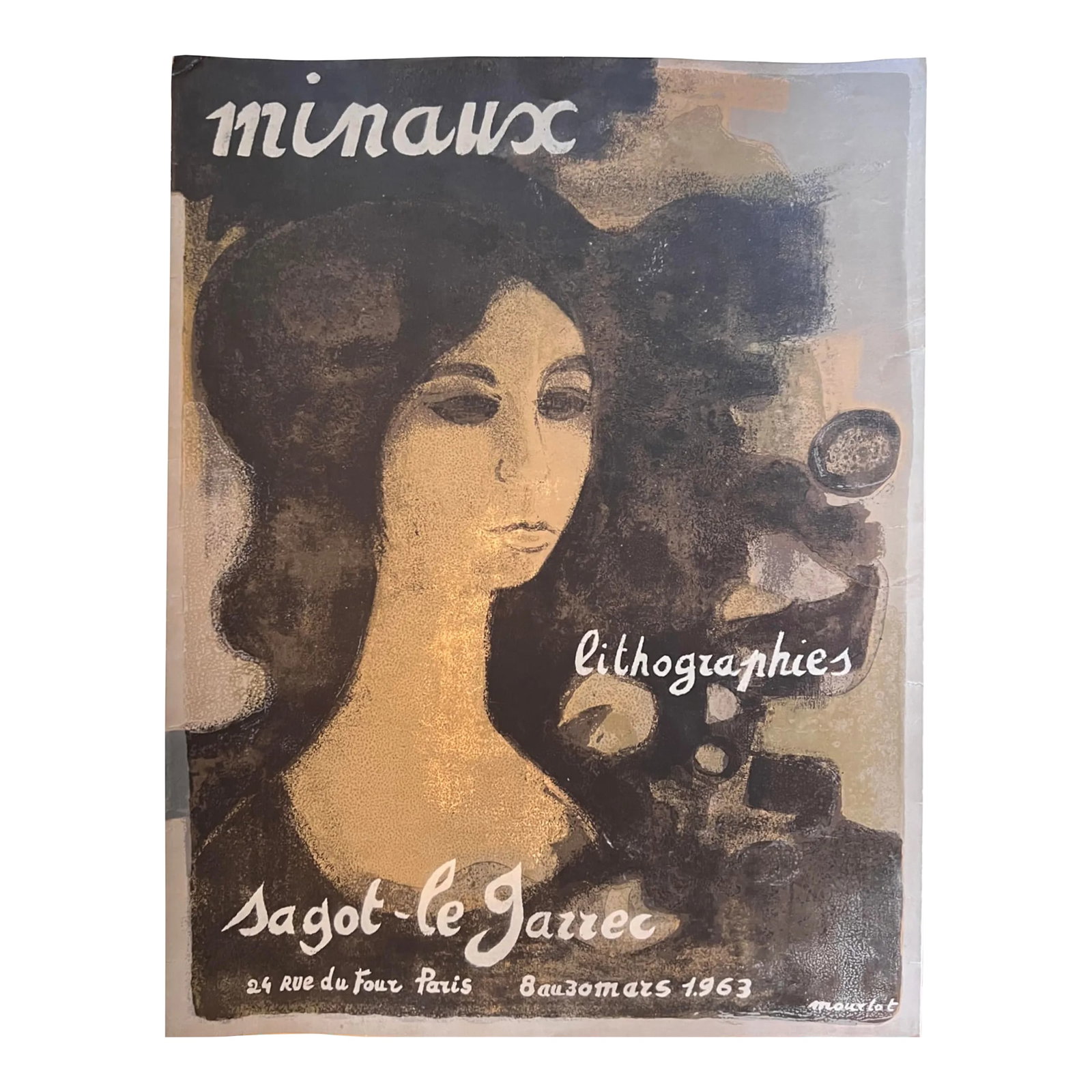 Andre Minaux Poster for "Lithographies" Art Exhibit at Galerie Sagot Le Garrec, Paris, 1963 (Mourlot: This unusually stylized art exhibit poster is a beautiful, linen-backed, original lithograph. Not only is all of the exhibit information rendered in the artist's cursive hand, but so is the printer's 