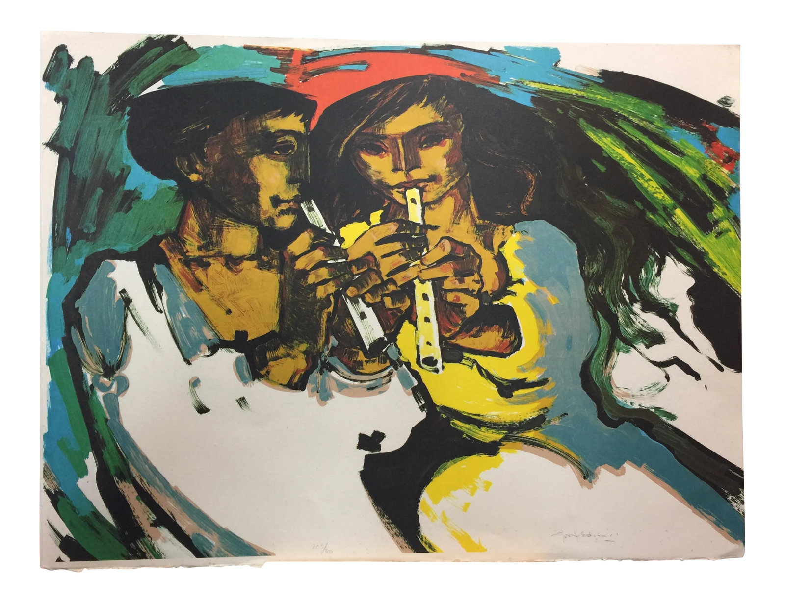 Jorge Dumas Autumn Lithograph Mid Century: Signed and numbered lithograph in excellent condition, this measures 28.5" tall x 21" wide, #203 of 300. Jorge Dumas was born in Montevideo, Uruguay in 1928. He first came to the United States in