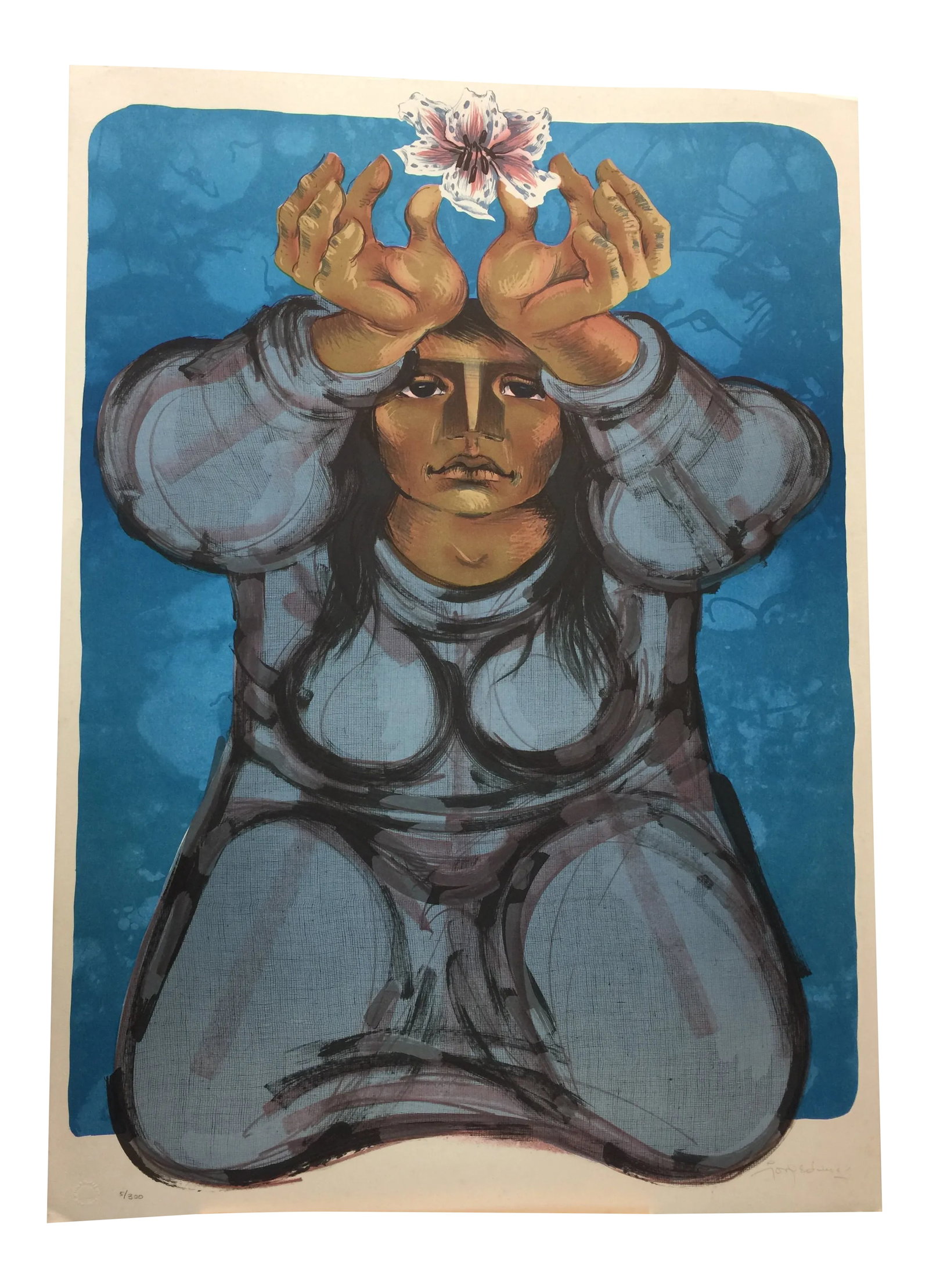 1960s Jorge Dumas the Offering Lithograph: . #5 of 300, signed and numbered lithograph, this measures 29" tall x 20.5" wide. Jorge Dumas was born in Montevideo, Uruguay in 1928. He first came to the United States in 1960 to collaborate with